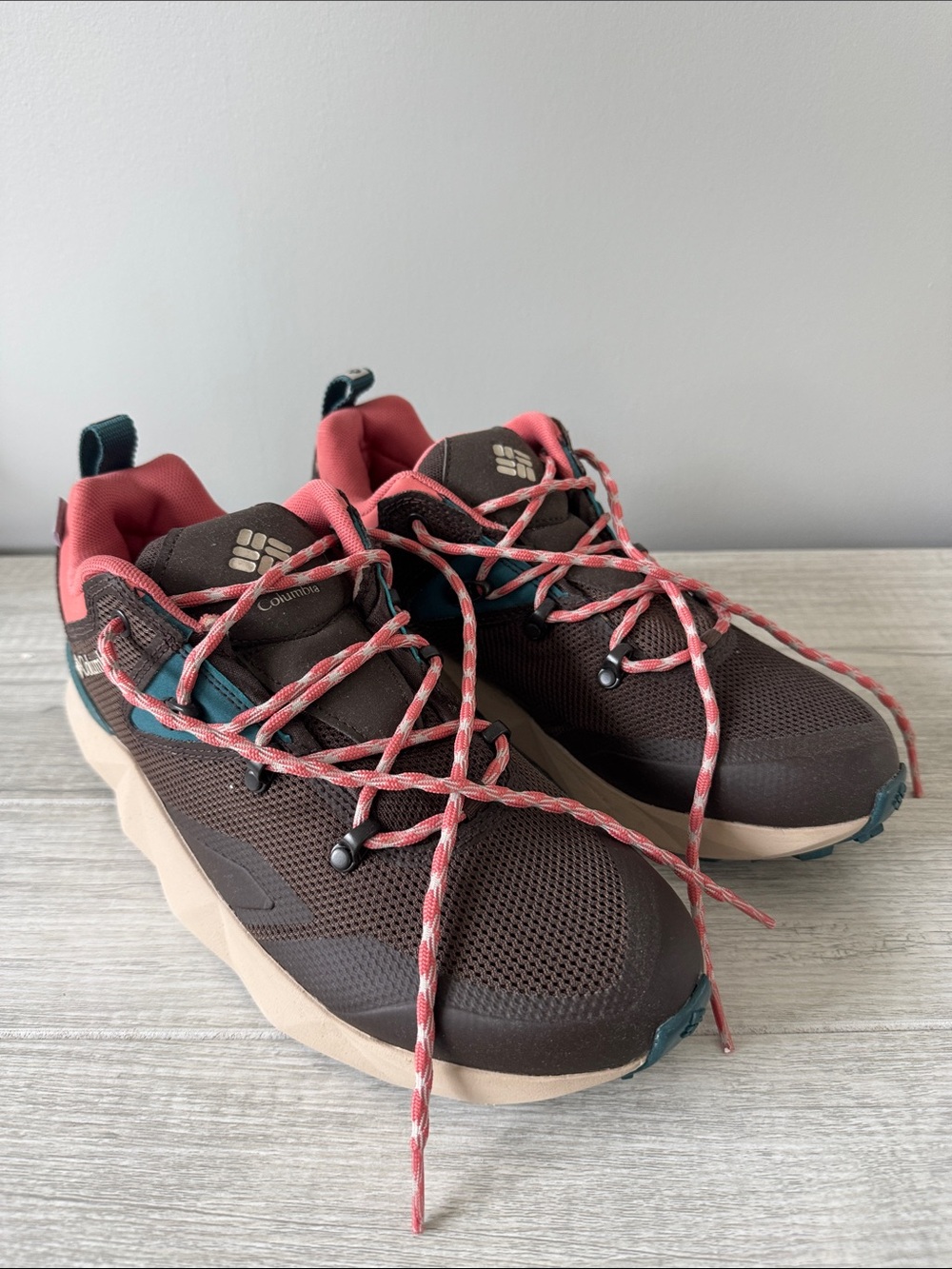 NEW-Columbia Woman’s Brown hiking Shoes with Coral and Teal Accents